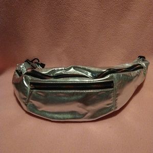 Silver fanny pack with rainbow zipper